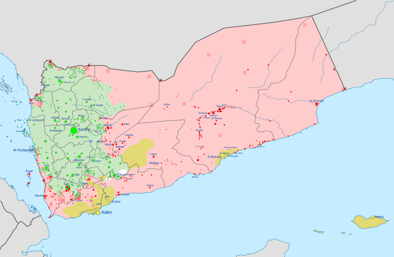 Von Huthi kontrollierte Gebiete im Jemen (hellgrün), Stand 2015