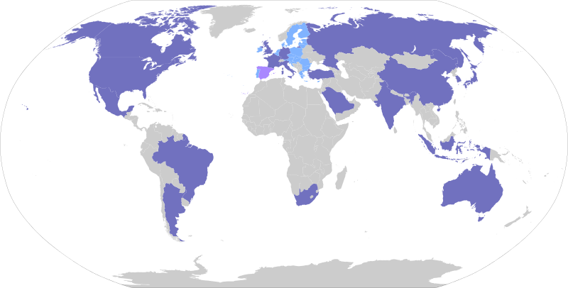 Gruppe der zwanzig wichtigsten Industrie- und Schwellenländer (blau koloriert)