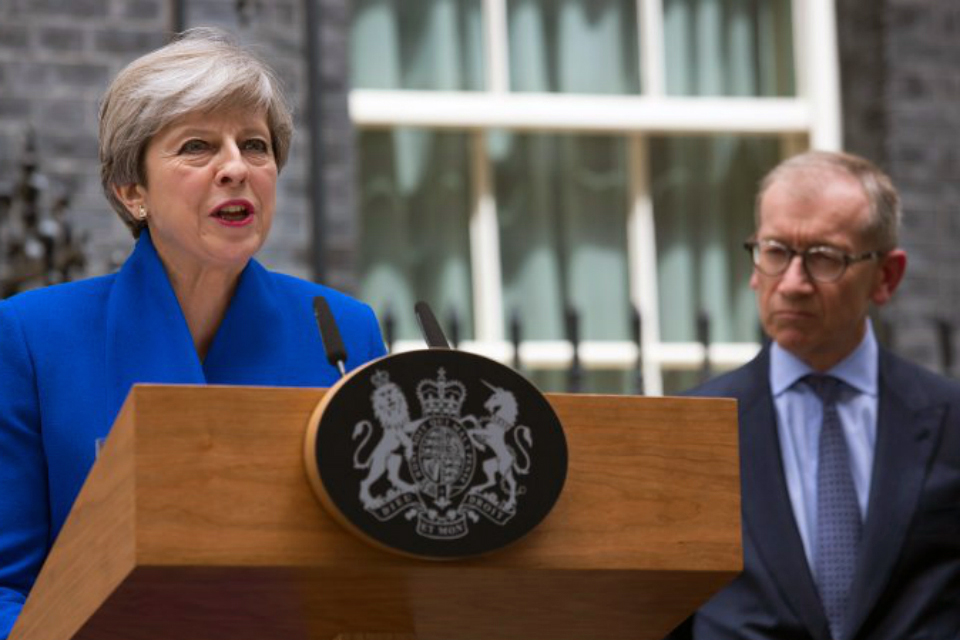 May outside 10 Downing Street on 9 June 2017, with her husband