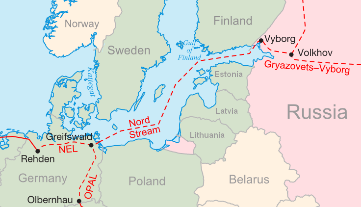 Verlauf der Nord-Stream-1-Pipeline und deren Anschluss