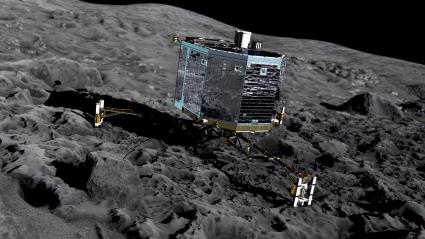 Die Grafik zeigt, wie die "Rosetta"-Landeeinheit "Philae" auf dem Kometen landet. Bild: "obs/ZDF/ZDF/ESA"