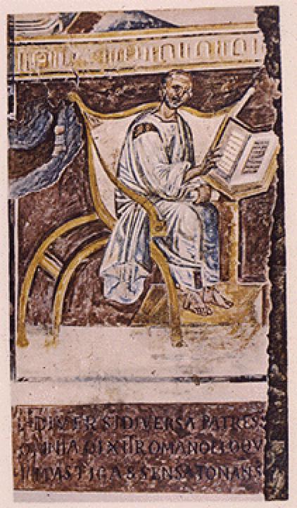 Älteste bekannte Darstellung von Augustinus in der Tradition des Autorbildes (Lateranbasilika, 6. Jahrhundert)