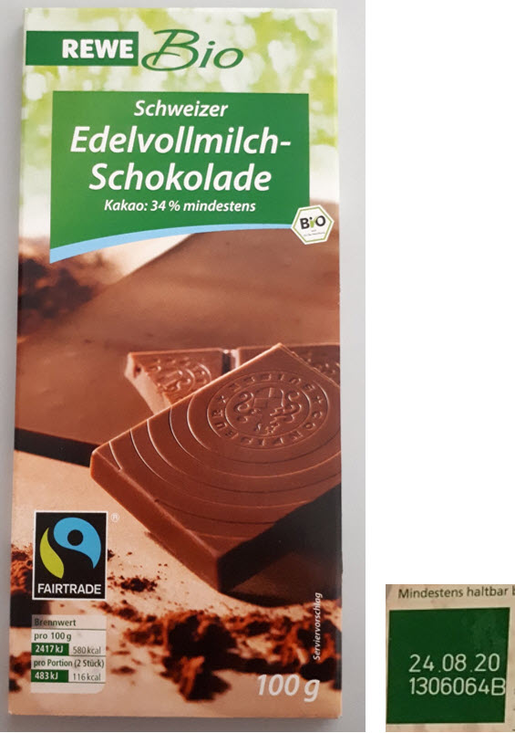 REWE Bio Schweizer Edelvollmilchschokolade 100g LOT 1306064B. Bild: "obs/SC Swiss commercial GmbH"